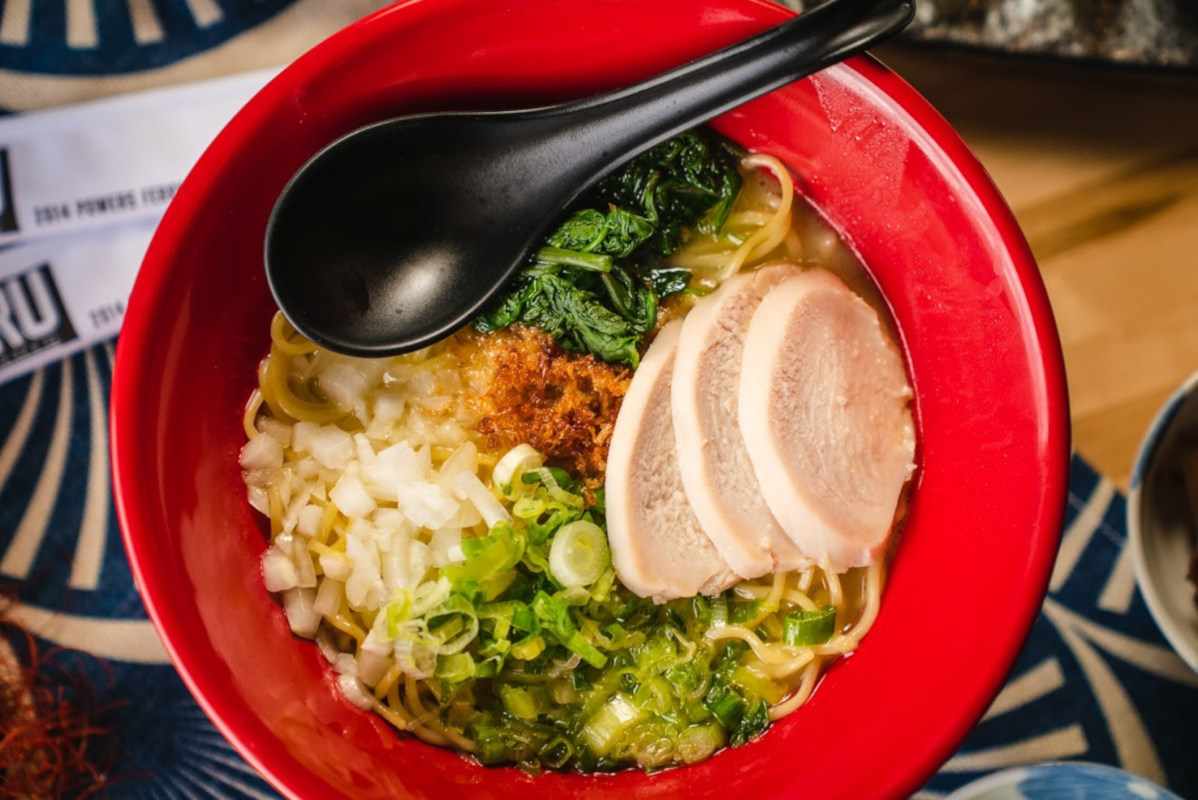 Colorful ramen with tofu, top view